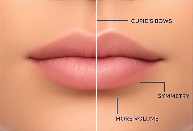 Before and after lip filler correcting lip asymmetry at Loving Glow Aesthetics Melbourne