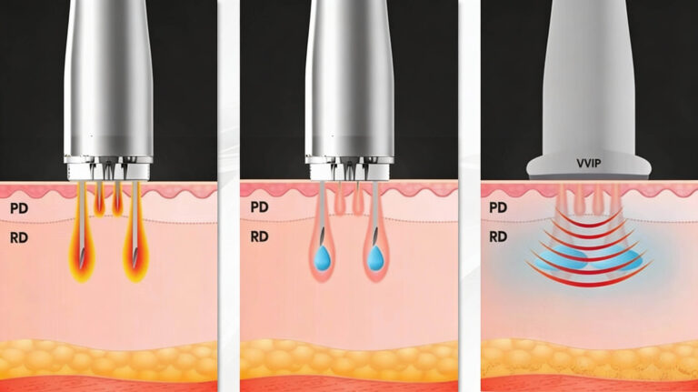 Cosmetic clinician performing RF skin tightening treatment on a client's neck.